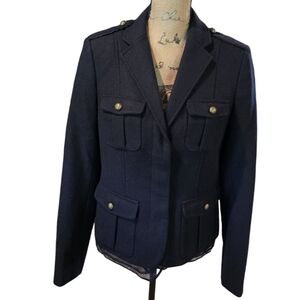 Loft Navy Wool Blend Military Utility Blazer Feminine Career Jacket Academia